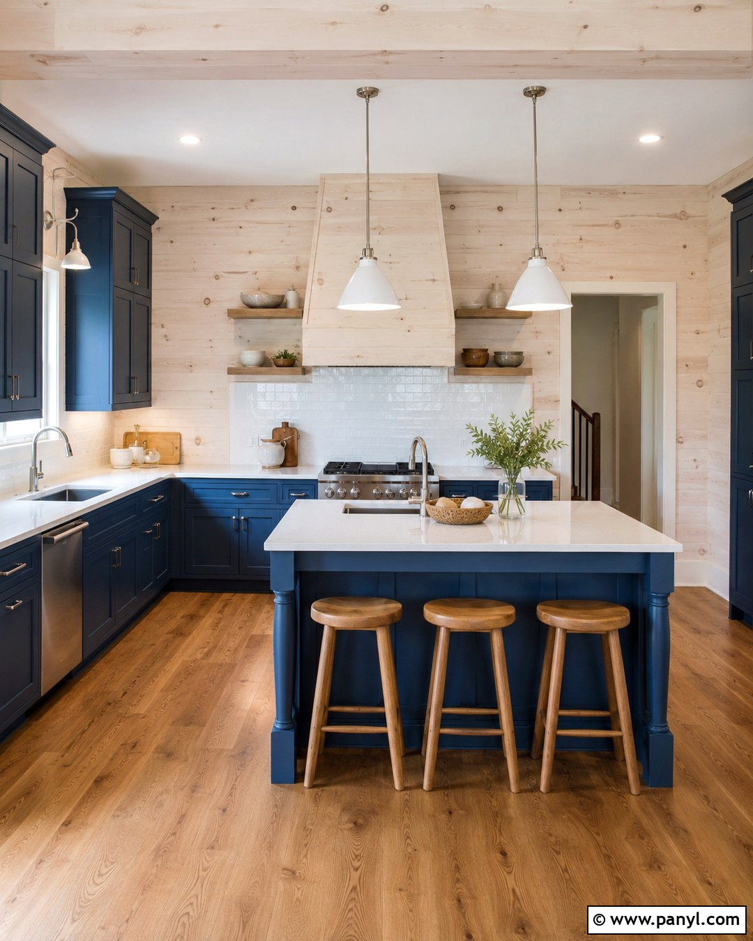 Whitewashed Knotty Pine Kitchen With Deep Blue Cabinets - 20 Knotty Pine Walls Color Schemes Kitchen Ideas