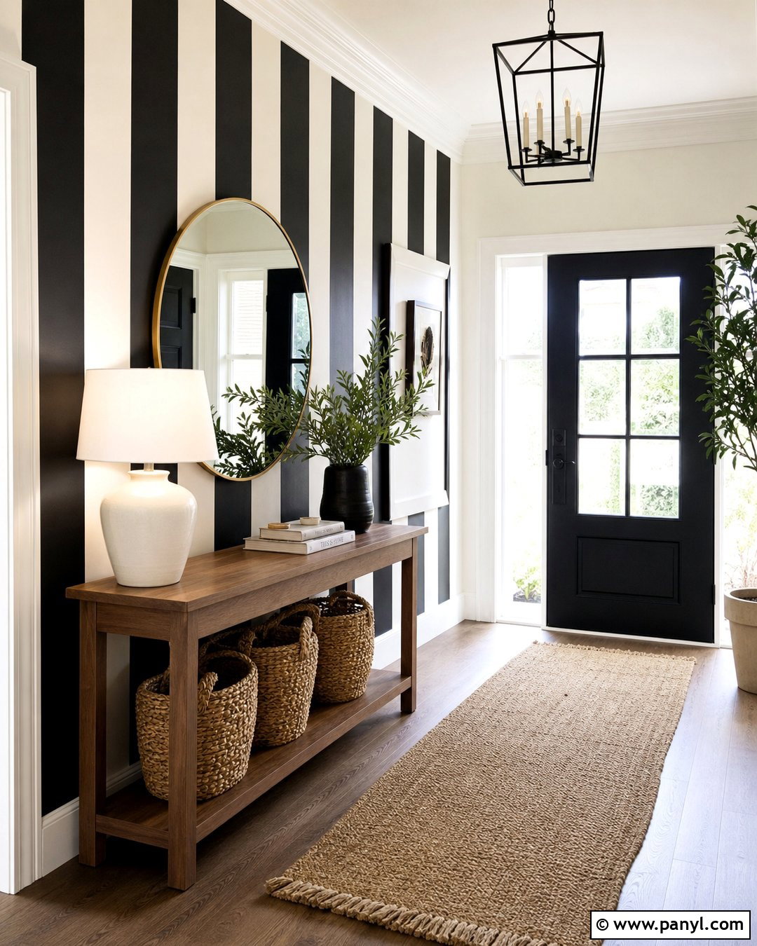 Wide Black Striped Entryway - 25 Black Striped Wall Ideas