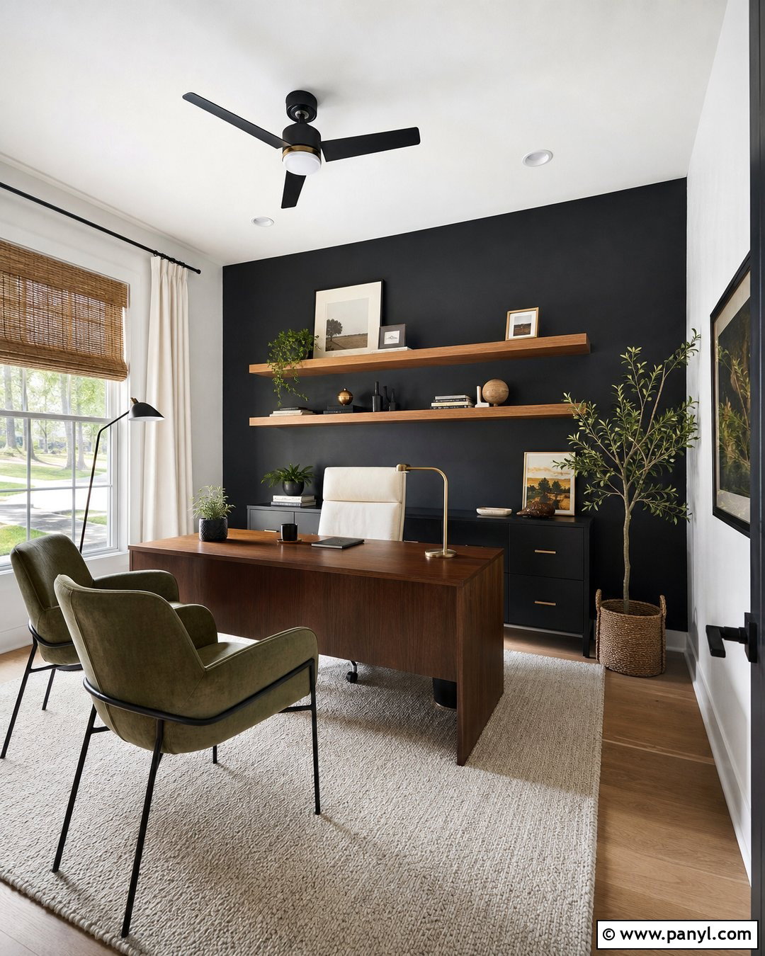 Window-Facing Black Accent Wall Office - 35 Black Accent Wall Office Ideas