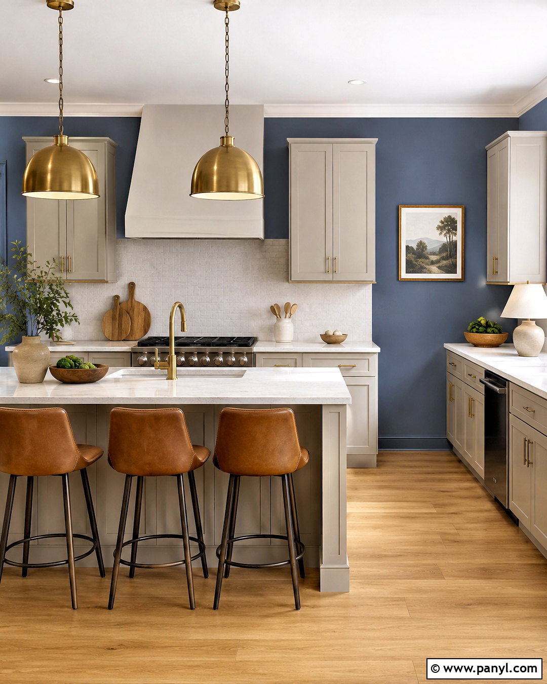Windy Blue Kitchen Walls With Brass Accents - 20 Windy Blue Kitchen Walls