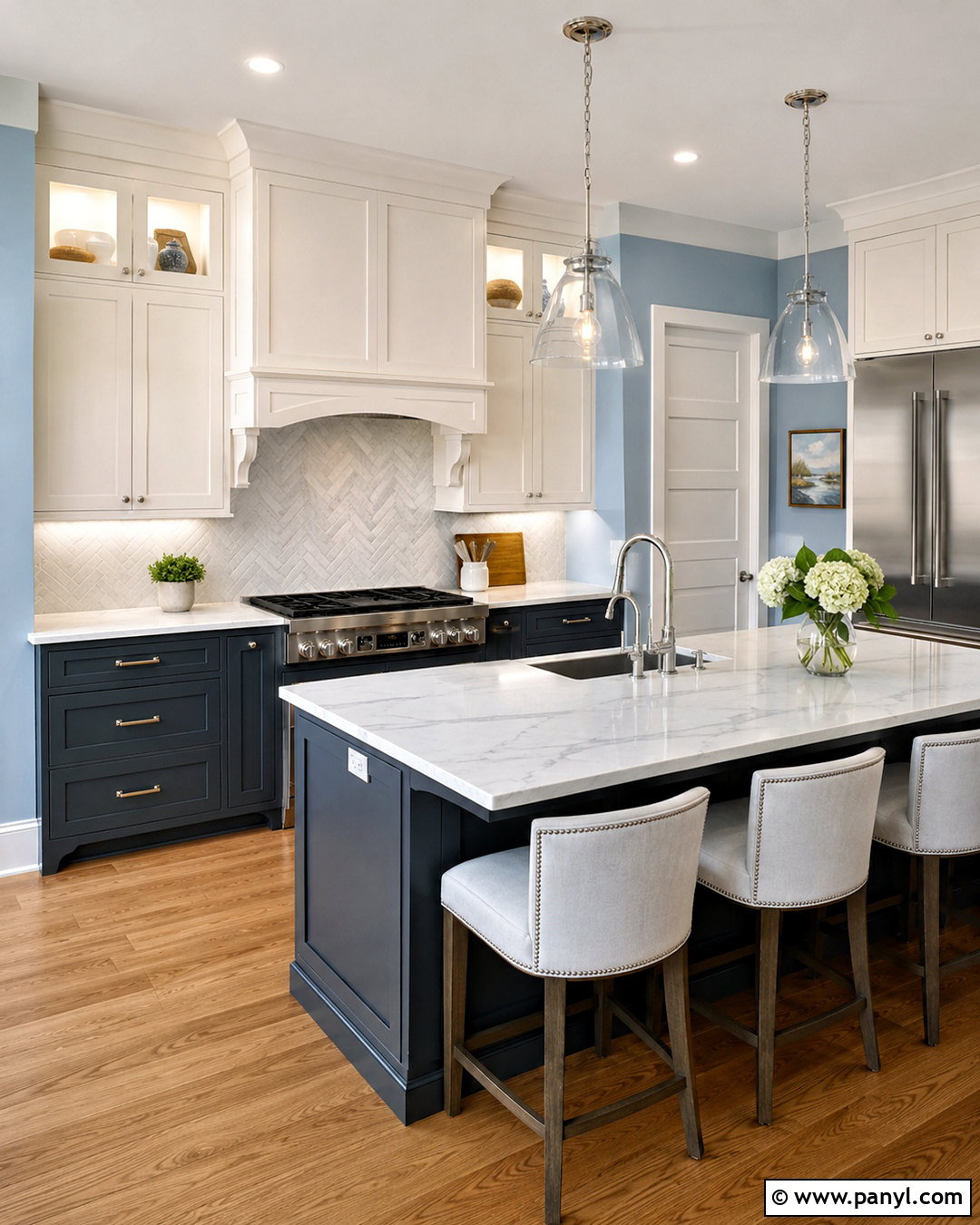 Windy Blue Kitchen Walls With Two-Tone Cabinets - 20 Windy Blue Kitchen Walls