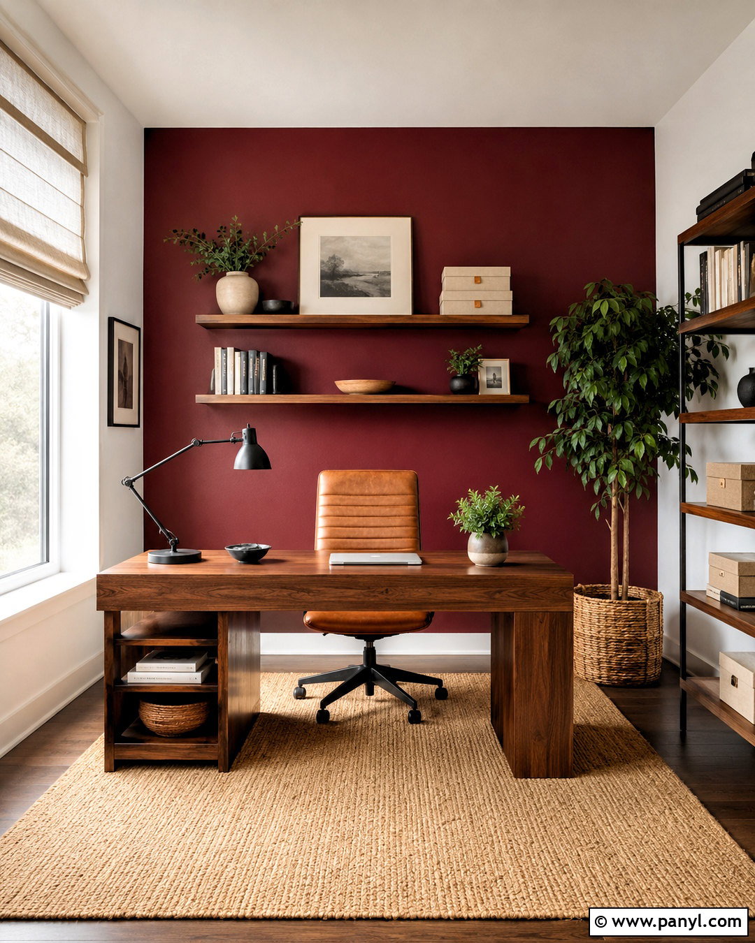 Wine Red Accent Wall In A Home Office - 20 Wine Red Accent Wall Ideas