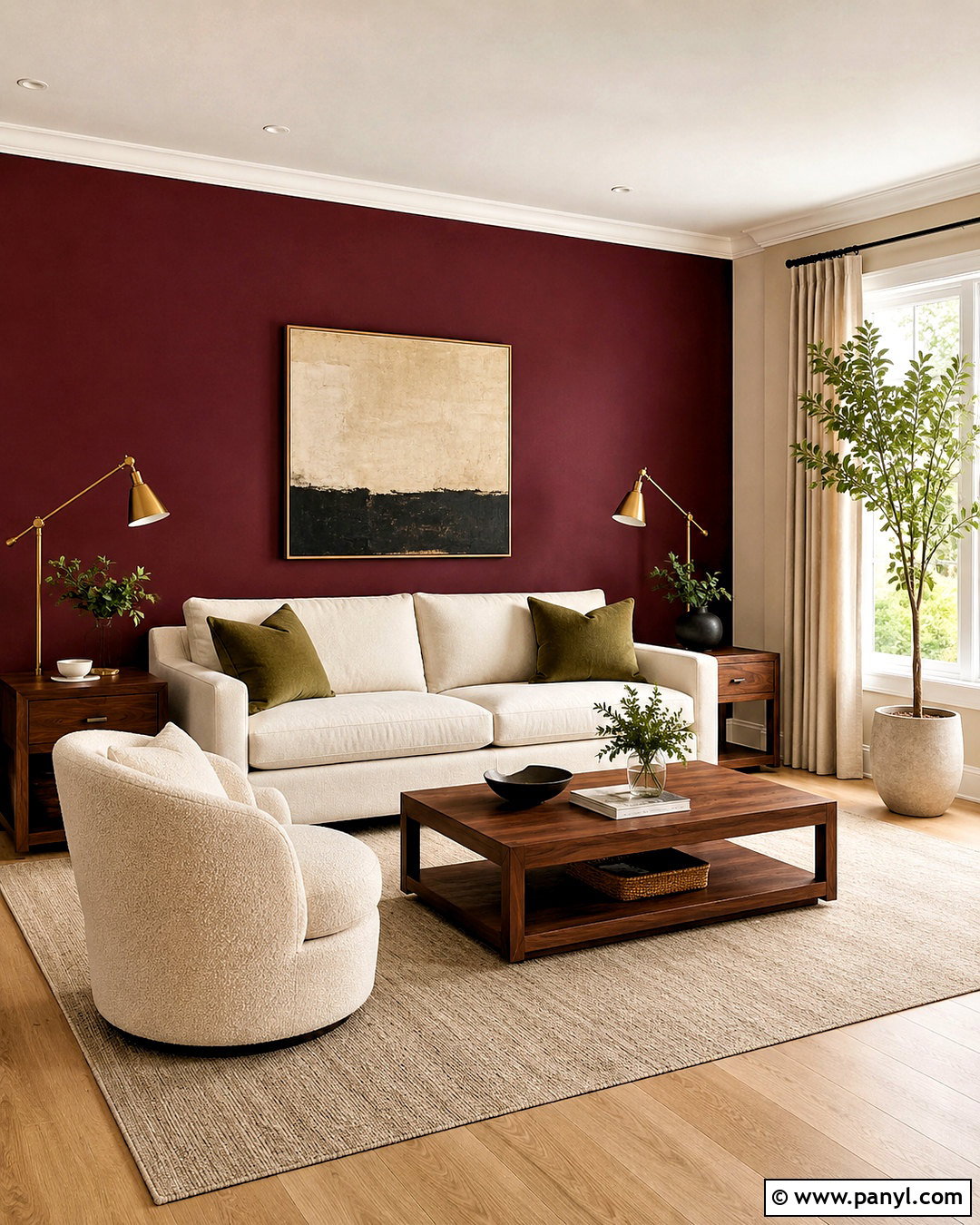 Wine Red Accent Wall With Cream Sofa - 20 Wine Red Accent Wall Ideas
