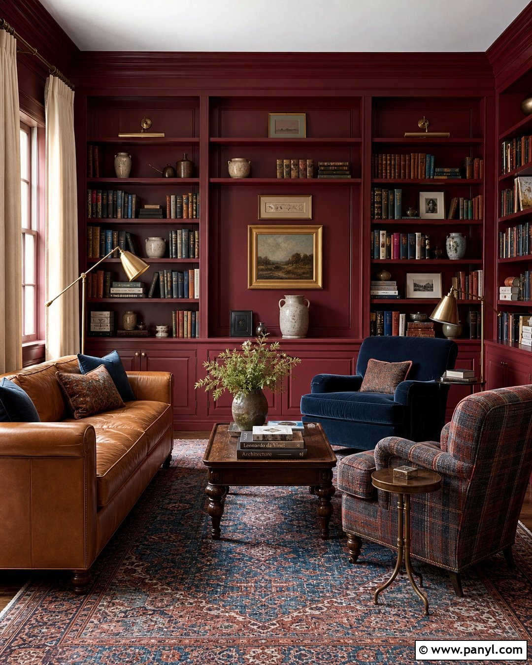 Wine Red Walls In A Home Library - 25 Wine Red Walls