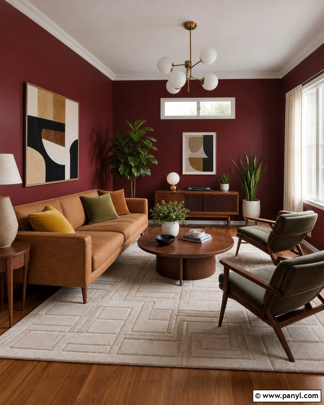 Wine Red Walls In A Midcentury Living Room - 25 Wine Red Walls