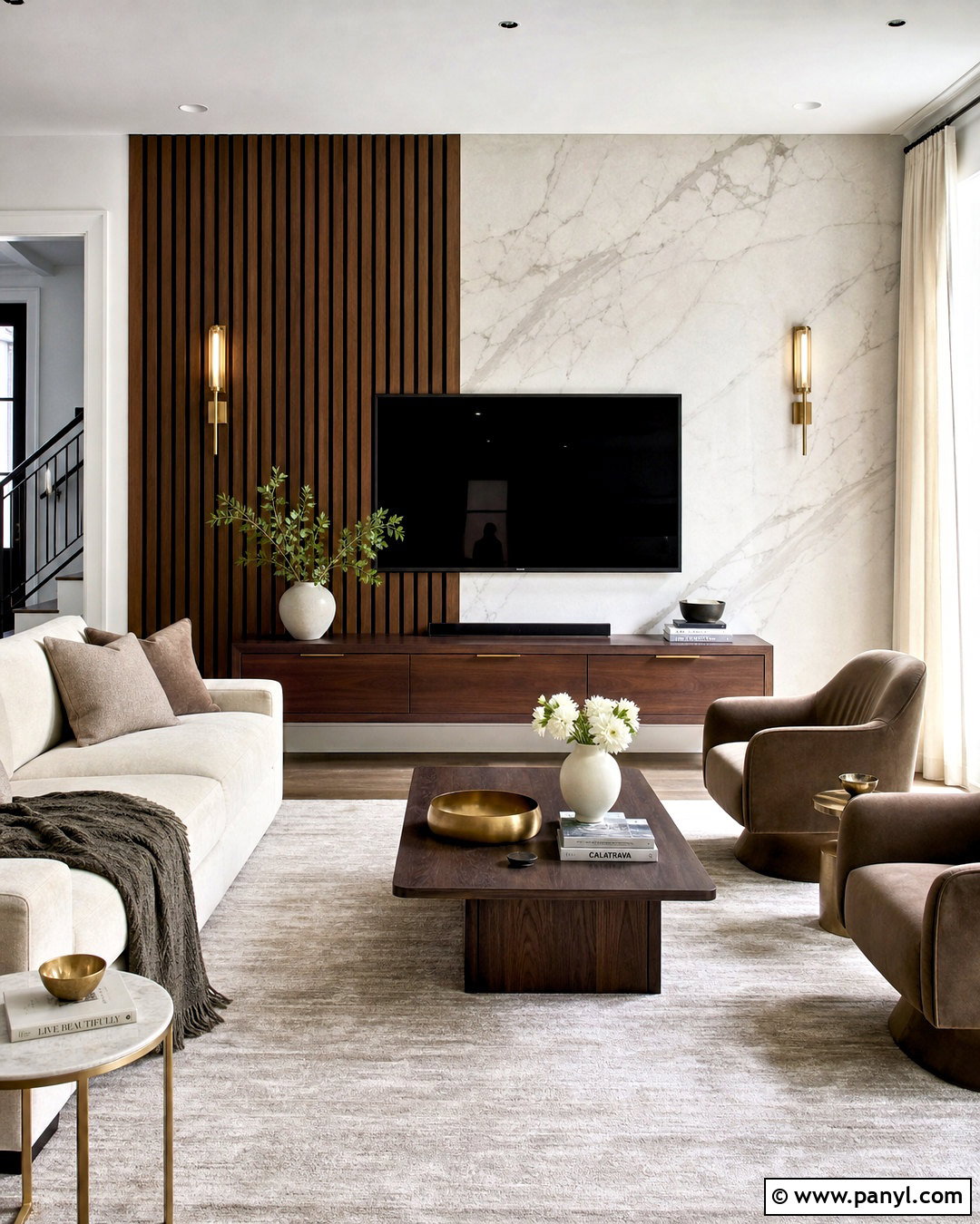 Wood And Marble TV Wall - 20 wood behind tv on wall ideas