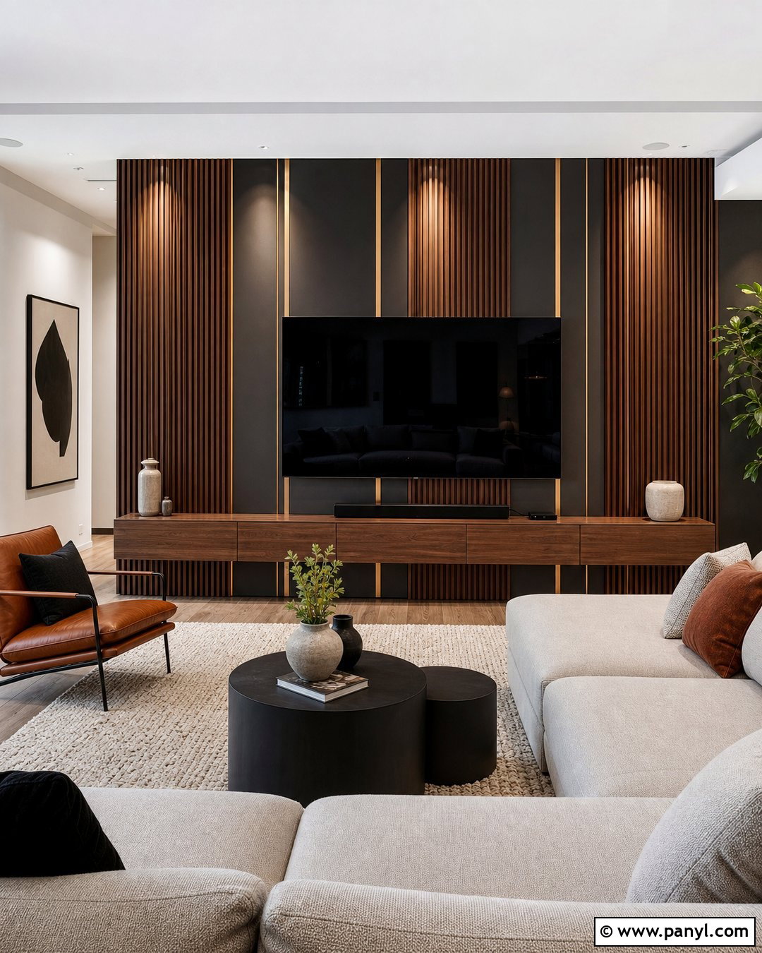 Wood Slat And Gold Stripe Media Wall - 35 gold stripe wall ideas