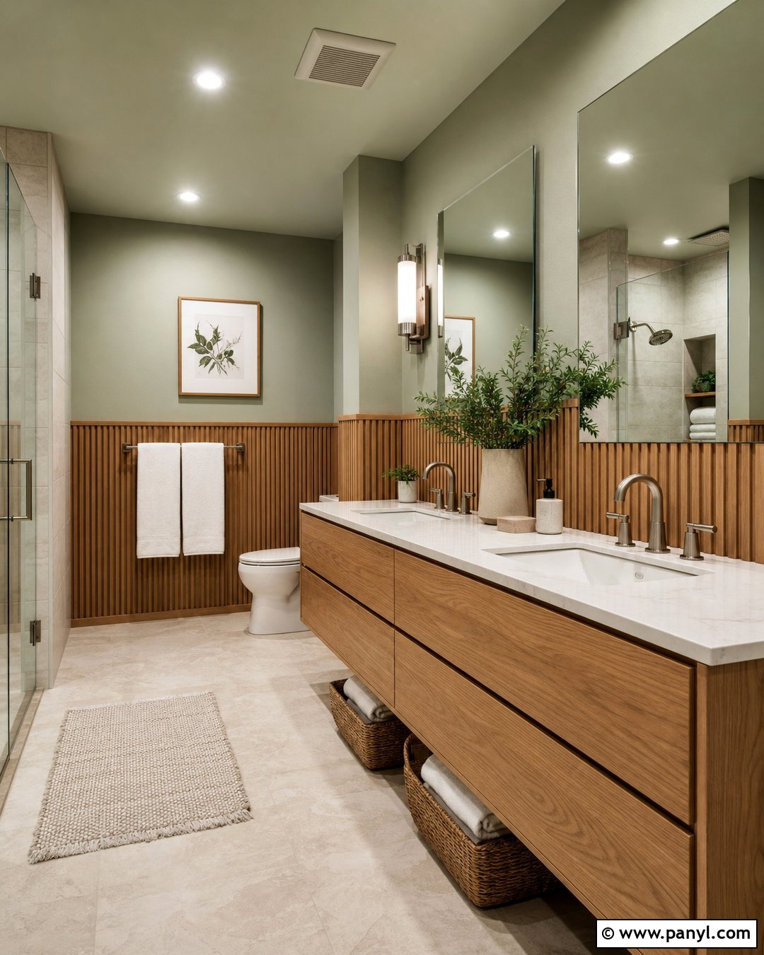 Wood Slat And Sage Bathroom Walls - 30 Two Toned Bathroom Walls