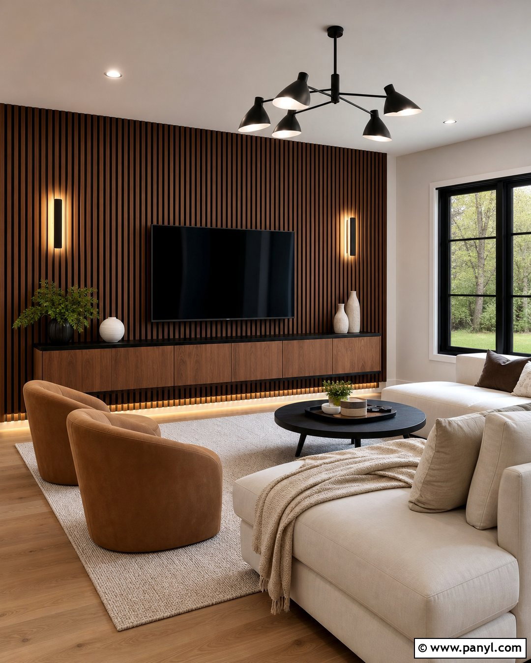 Wood Slat Contrast Wall Living Room - 30 Contrast Wall Ideas