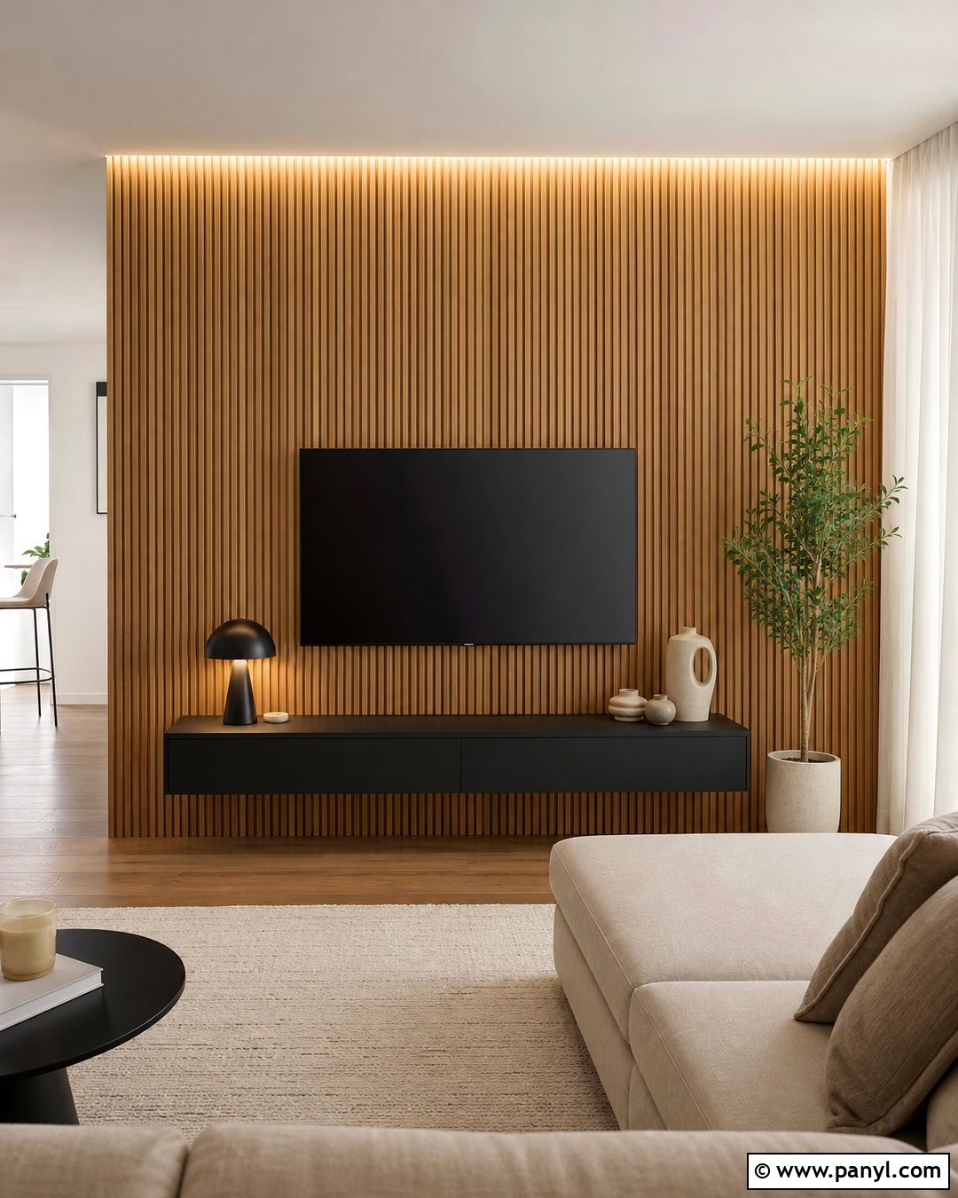 Wood Slat TV Accent Wall - 20 Accent Wall Small Apartment Ideas