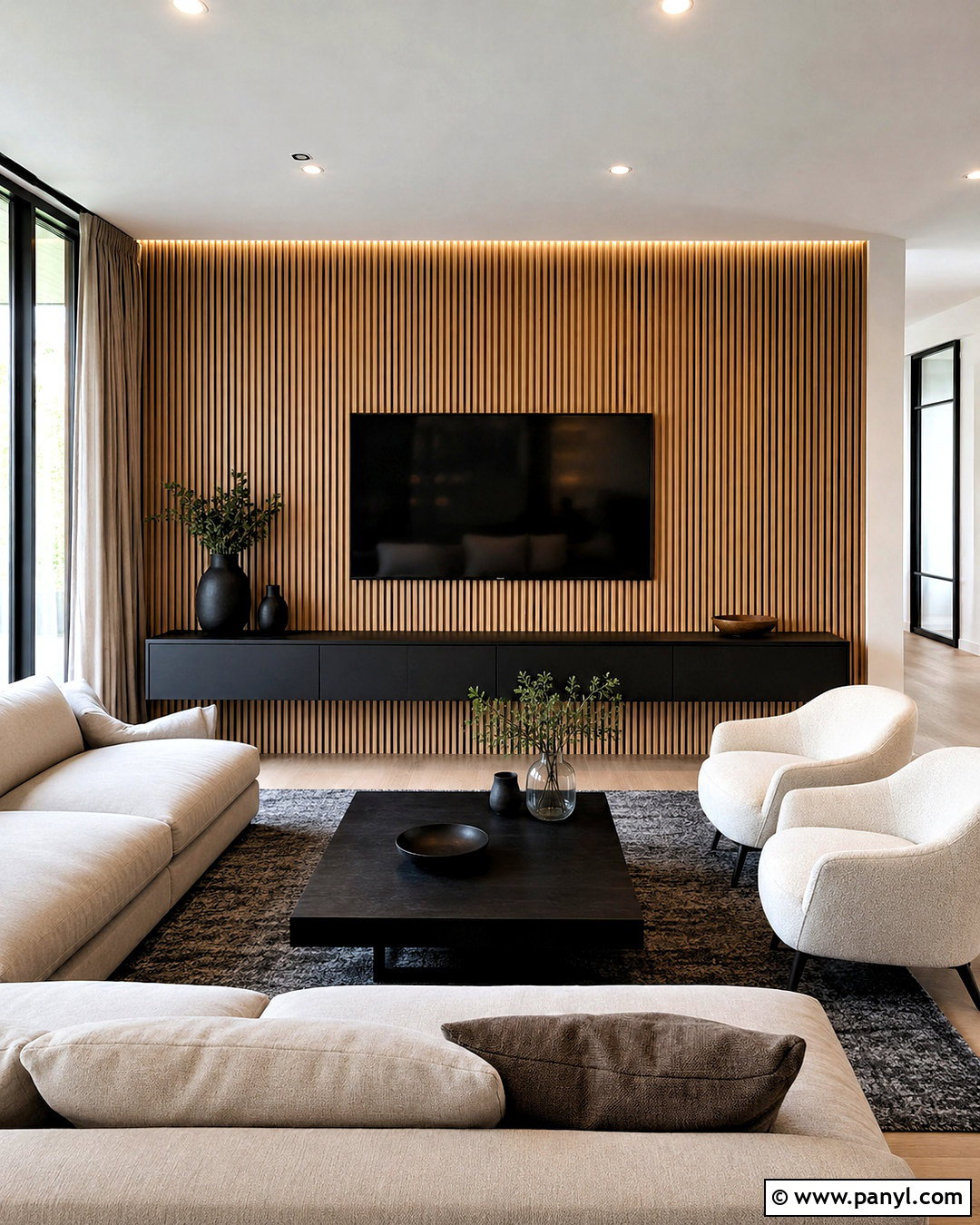 Wood Slat TV Wall - 20 living room tv wall design ideas