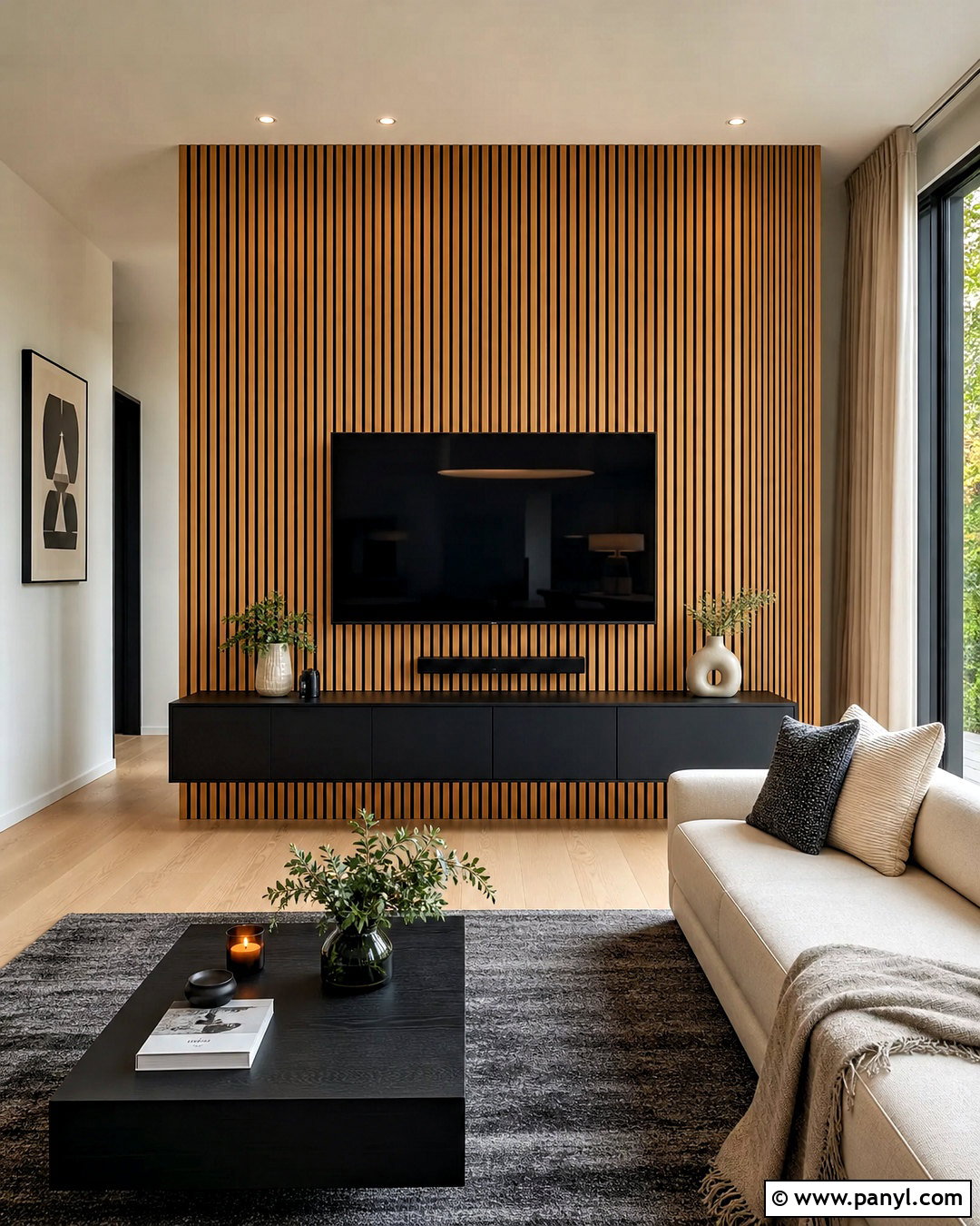 Wood Slat TV Wall With Floating Console - 20 small living room tv wall ideas