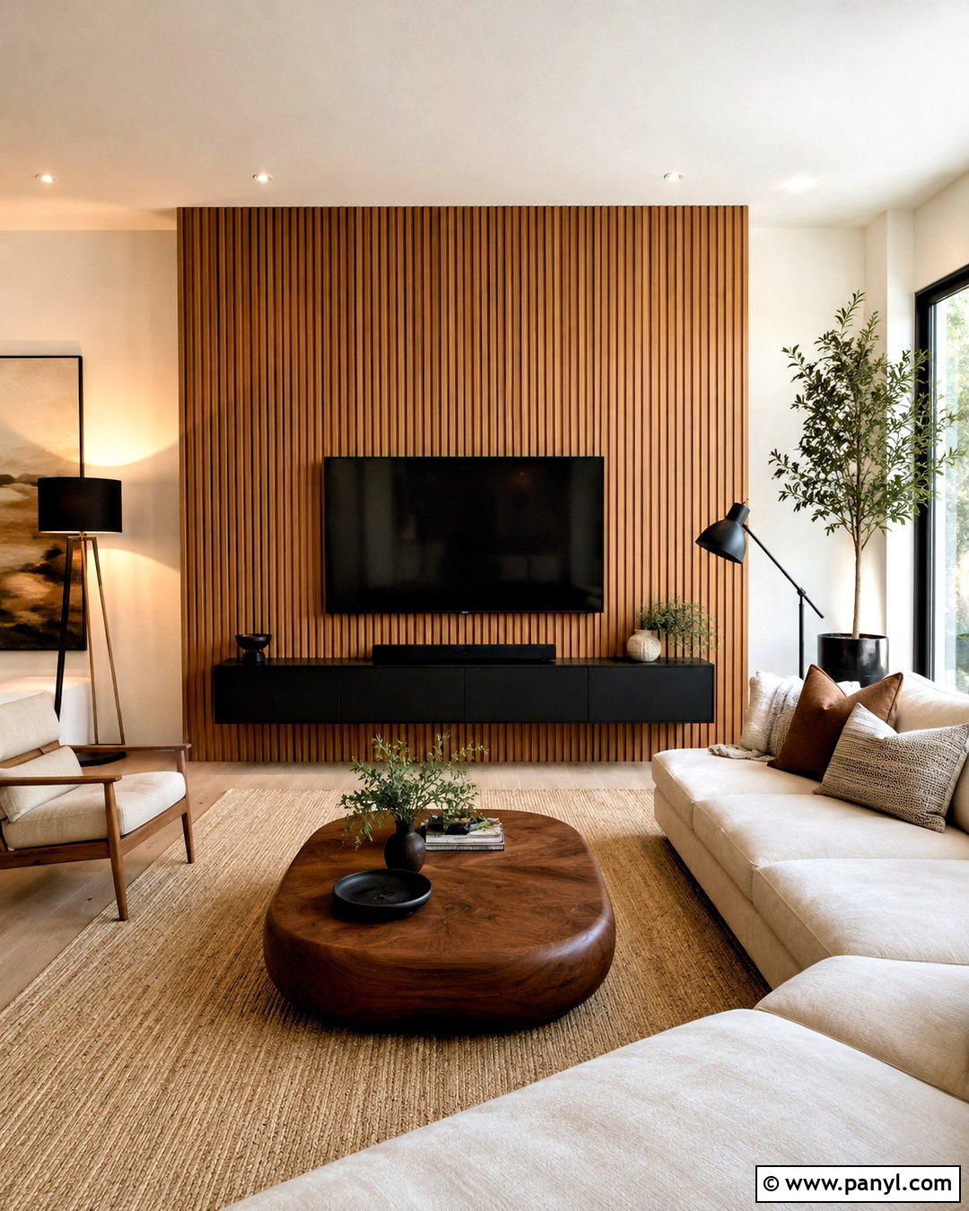 Wood Slat TV Wall - 20 living room decor tv wall ideas