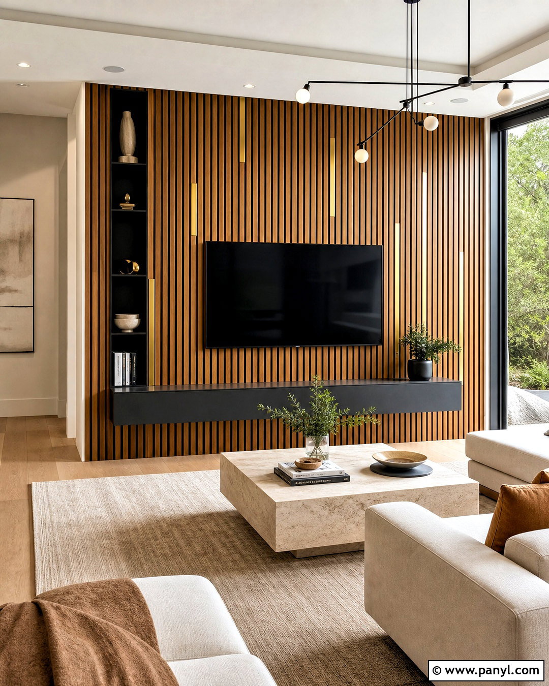 Wood Slat Wall With Golden Strips - 20 golden strip wall design ideas