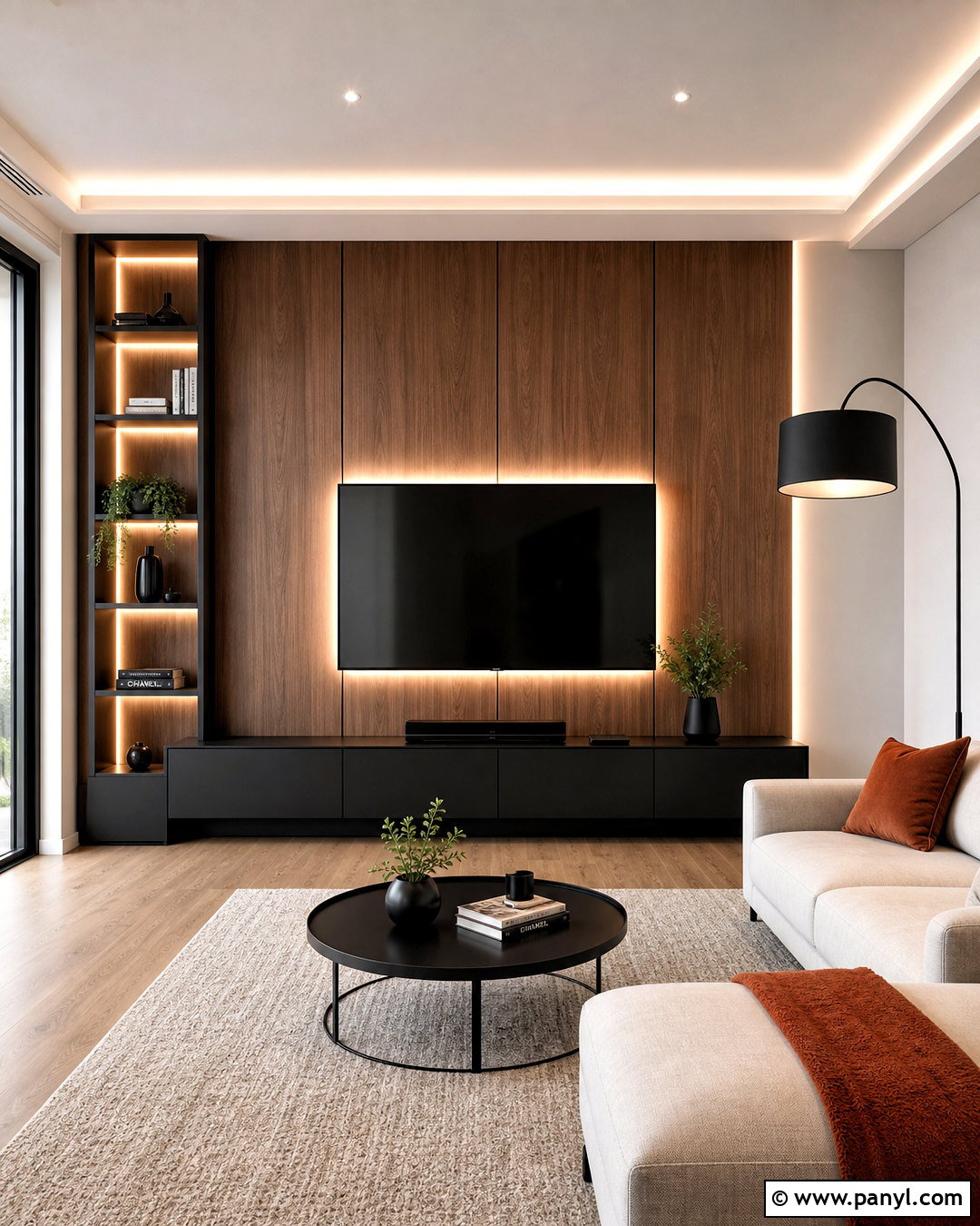 Wood TV Wall With LED Lighting - 20 wood behind tv on wall ideas