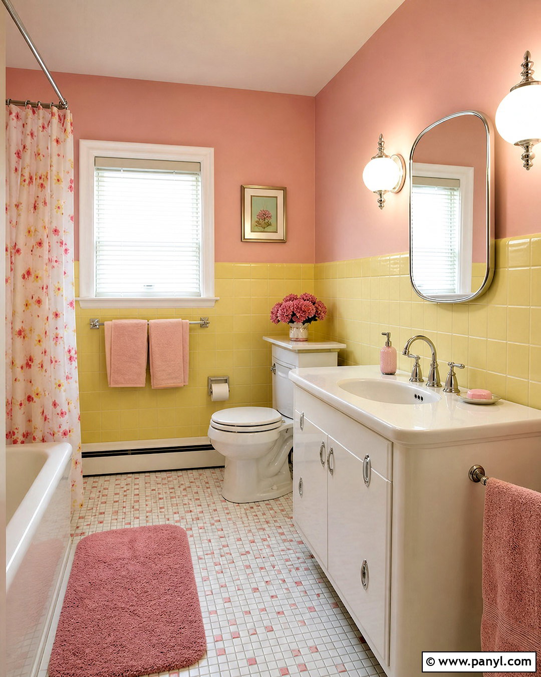 Yellow 1950s Bathroom With Pink Accents - 20 vintage yellow bathroom ideas