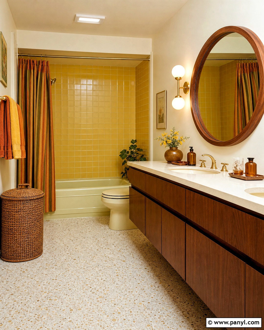 Yellow 1970s Bathroom With Wood Vanity - 20 vintage yellow bathroom ideas