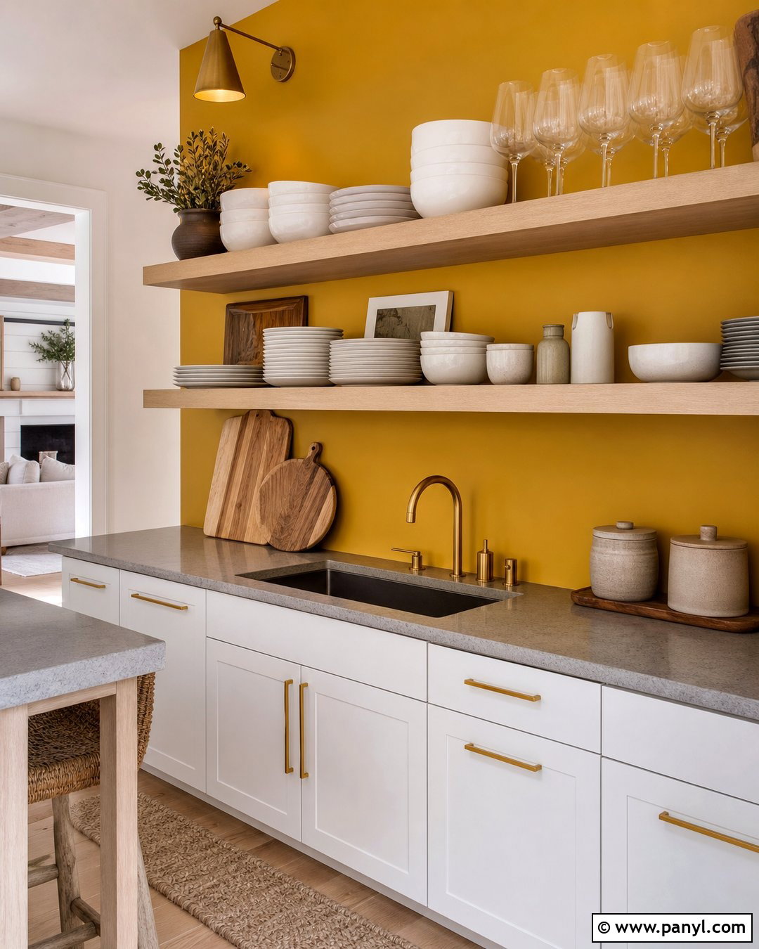 Yellow Accent Wall Behind Open Shelves - 20 Modern Kitchen With Yellow Accent Wall Ideas