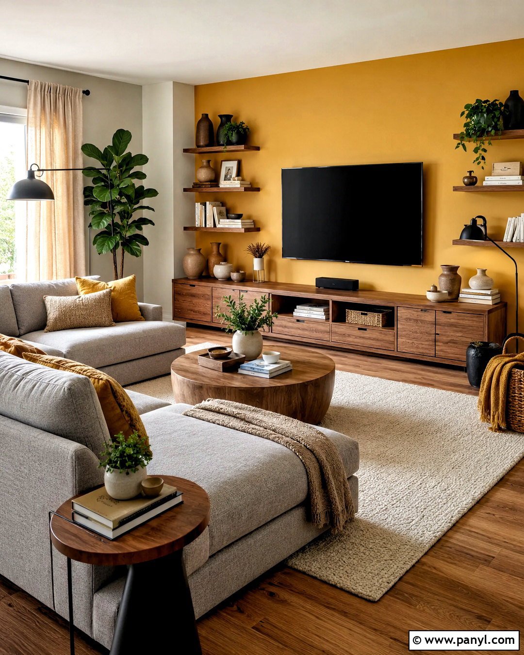 Yellow Accent Wall Behind TV - 20 cozy living room with yellow accent wall ideas