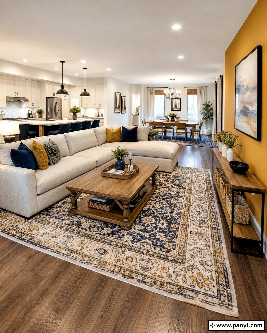 Yellow Accent Wall In Open Concept Living Room - 20 cozy living room with yellow accent wall ideas