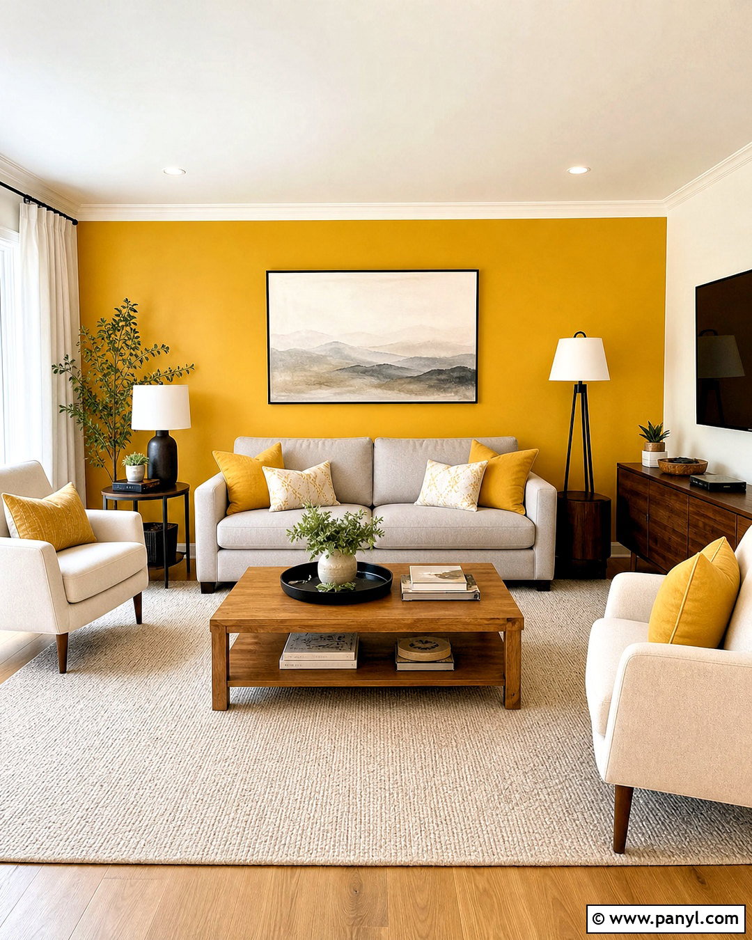 Yellow Accent Wall Living Room With Neutral Seating - 20 yellow living room walls