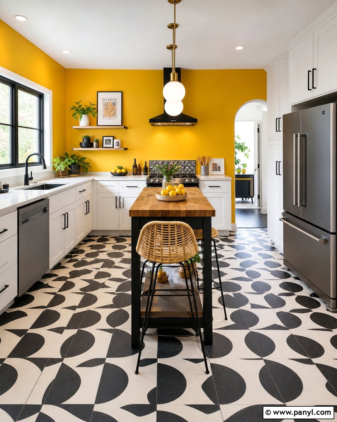Yellow Accent Wall With Black And White Flooring - 20 Modern Kitchen With Yellow Accent Wall Ideas