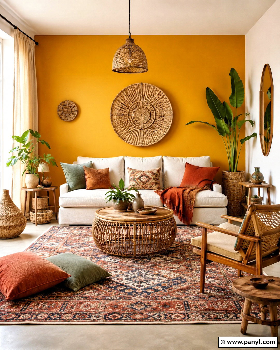 Yellow Accent Wall With Boho Decor - 20 cozy living room with yellow accent wall ideas
