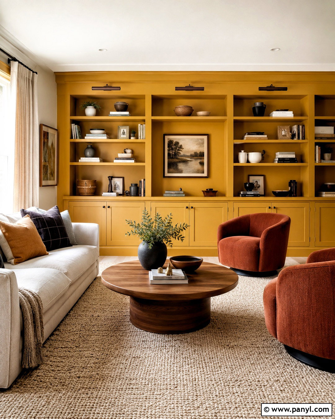 Yellow Accent Wall With Built-In Shelves - 20 cozy living room with yellow accent wall ideas