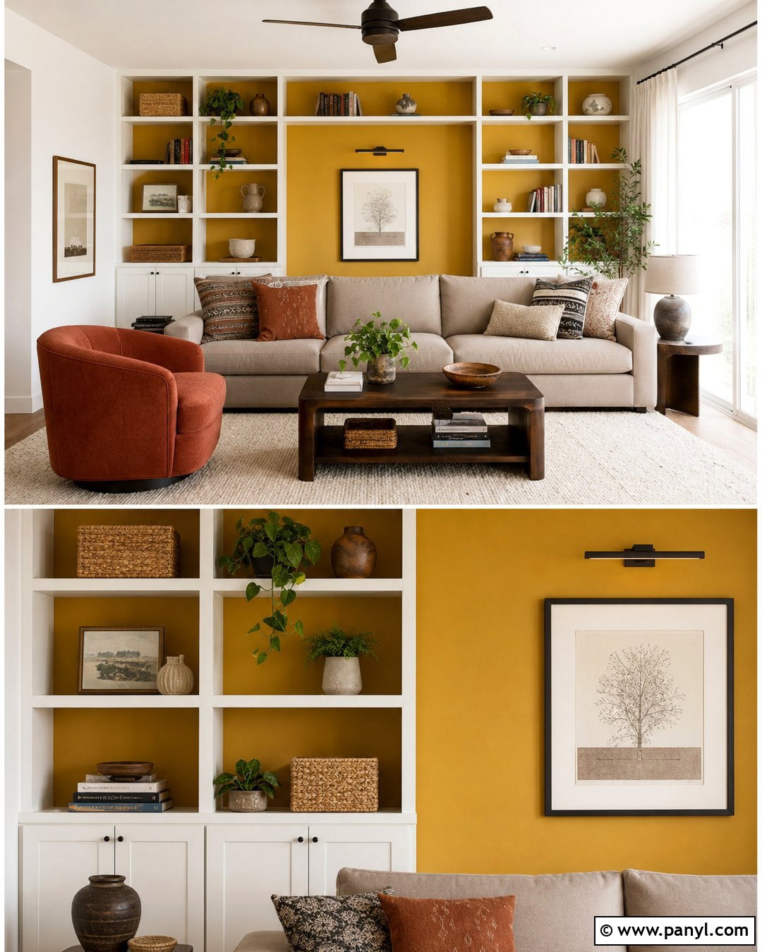 Yellow Accent Wall With Built-In Shelves - 25 Yellow Accent Wall Living Room Ideas