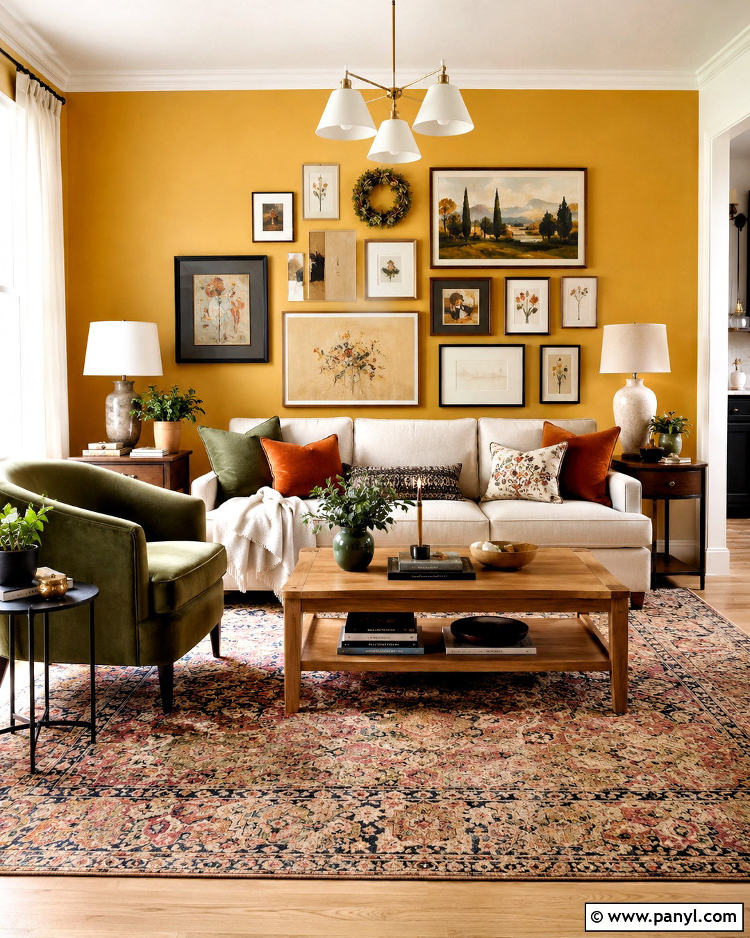 Yellow Accent Wall With Gallery Wall - 20 cozy living room with yellow accent wall ideas