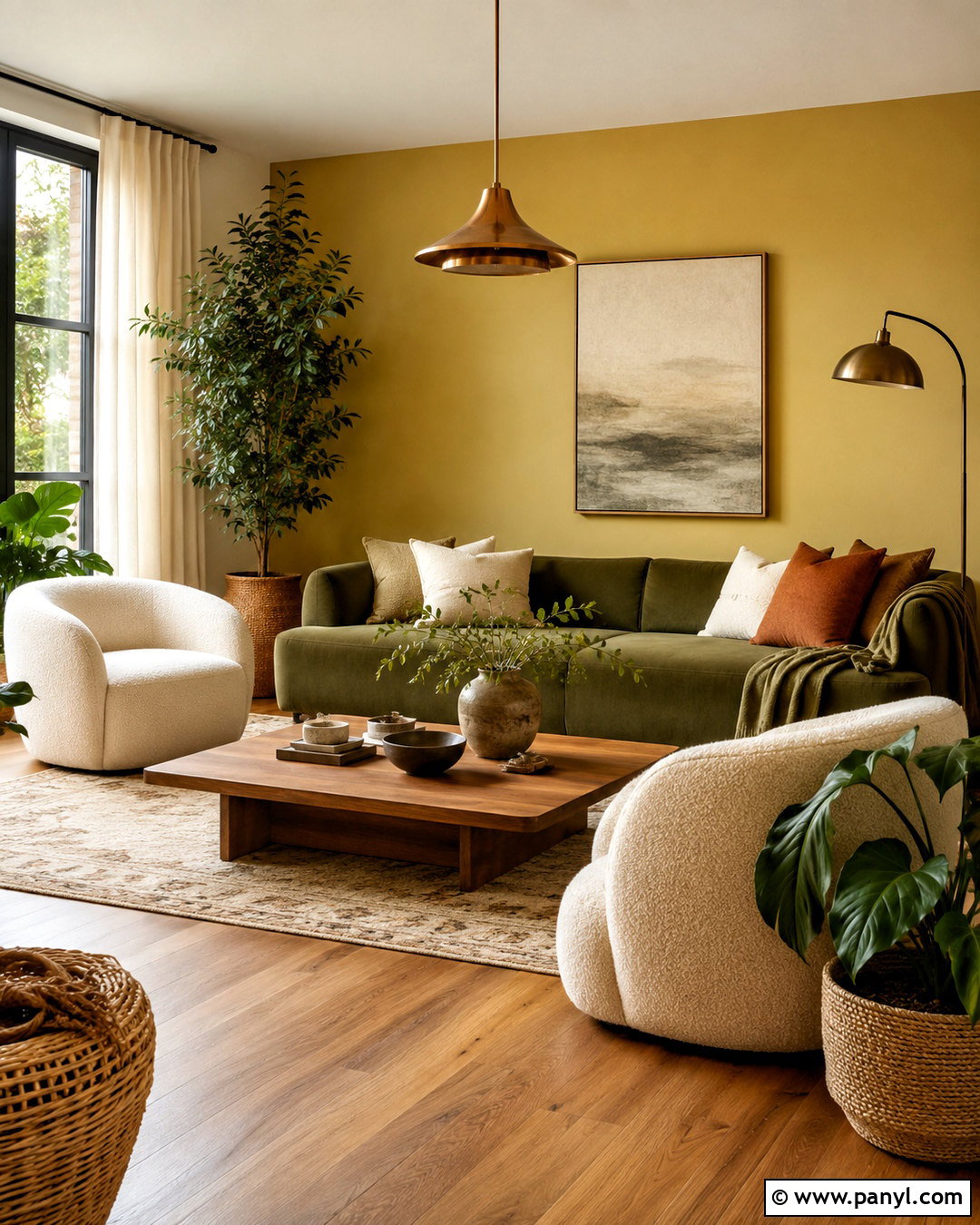 Yellow Accent Wall With Green Sofa - 20 cozy living room with yellow accent wall ideas