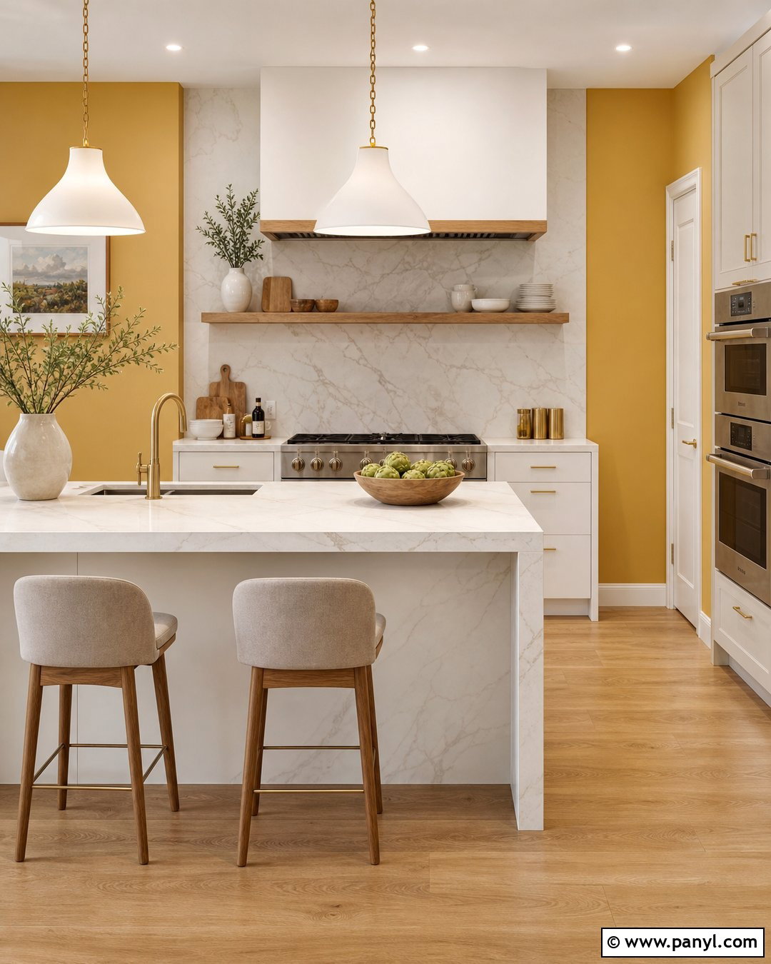 Yellow Accent Wall With Marble Backsplash - 20 Modern Kitchen With Yellow Accent Wall Ideas