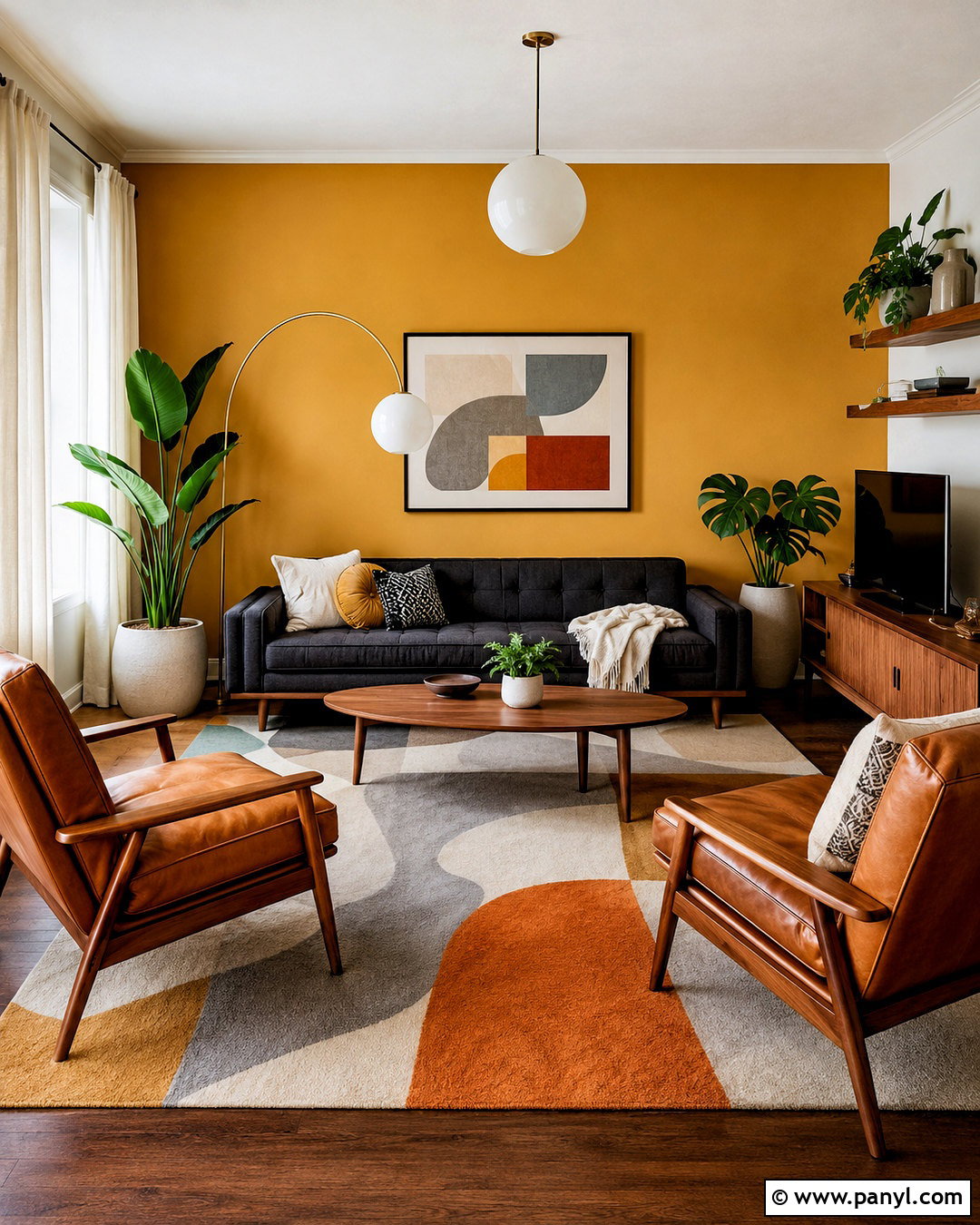 Yellow Accent Wall With Midcentury Furniture - 20 cozy living room with yellow accent wall ideas
