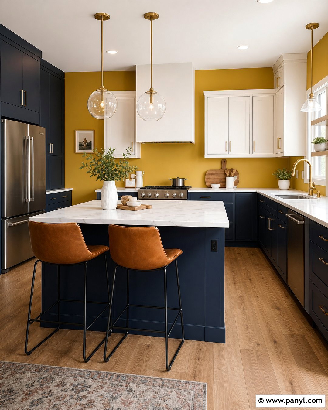 Yellow Accent Wall With Navy Cabinets - 20 Modern Kitchen With Yellow Accent Wall Ideas