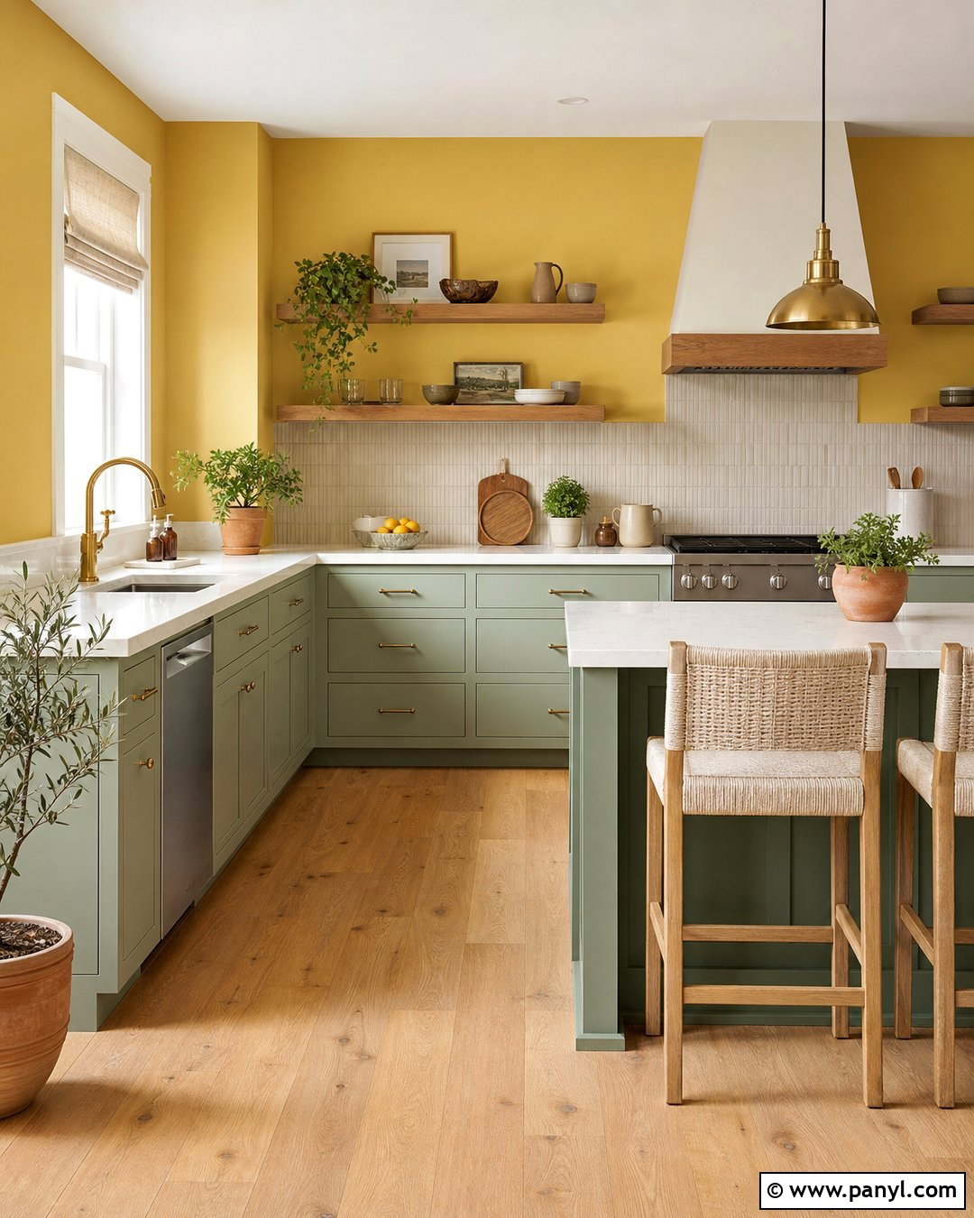 Yellow Accent Wall With Sage Green Cabinets - 20 Modern Kitchen With Yellow Accent Wall Ideas