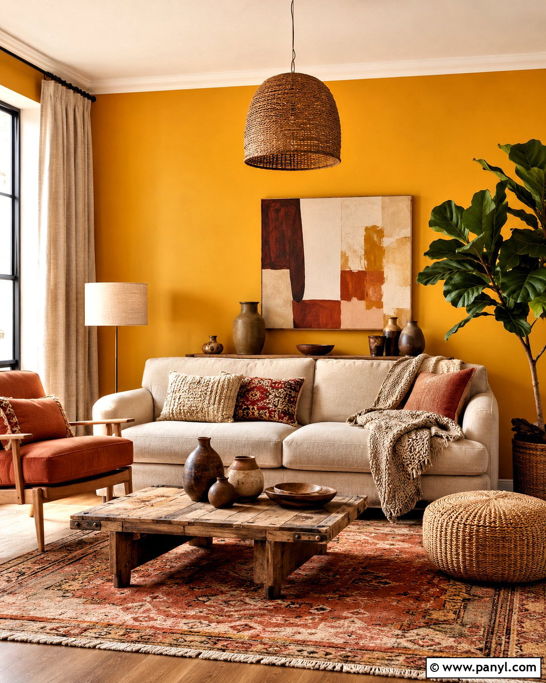 Yellow Accent Wall With Terracotta Decor - 20 cozy living room with yellow accent wall ideas