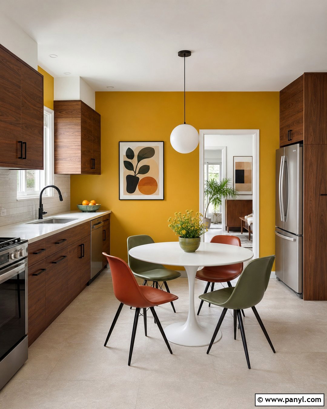 Yellow Accent Wall With Walnut Cabinets - 20 Modern Kitchen With Yellow Accent Wall Ideas