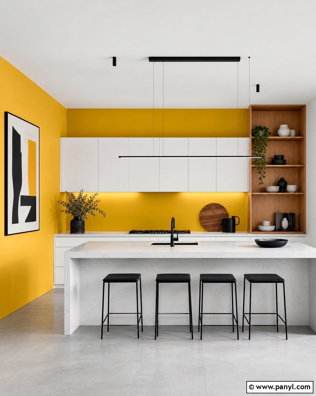 Yellow Accent Wall With Waterfall Kitchen Island - 20 Modern Kitchen With Island And Yellow Walls