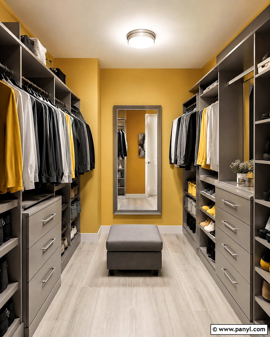 Yellow And Gray Walk-In Closet - 20 Yellow Wall Closet Space Ideas