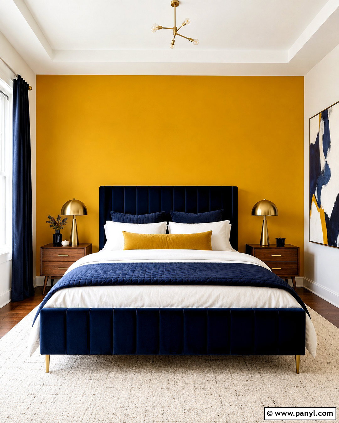 Yellow And Navy Feature Wall Bedroom - 35 yellow feature wall ideas