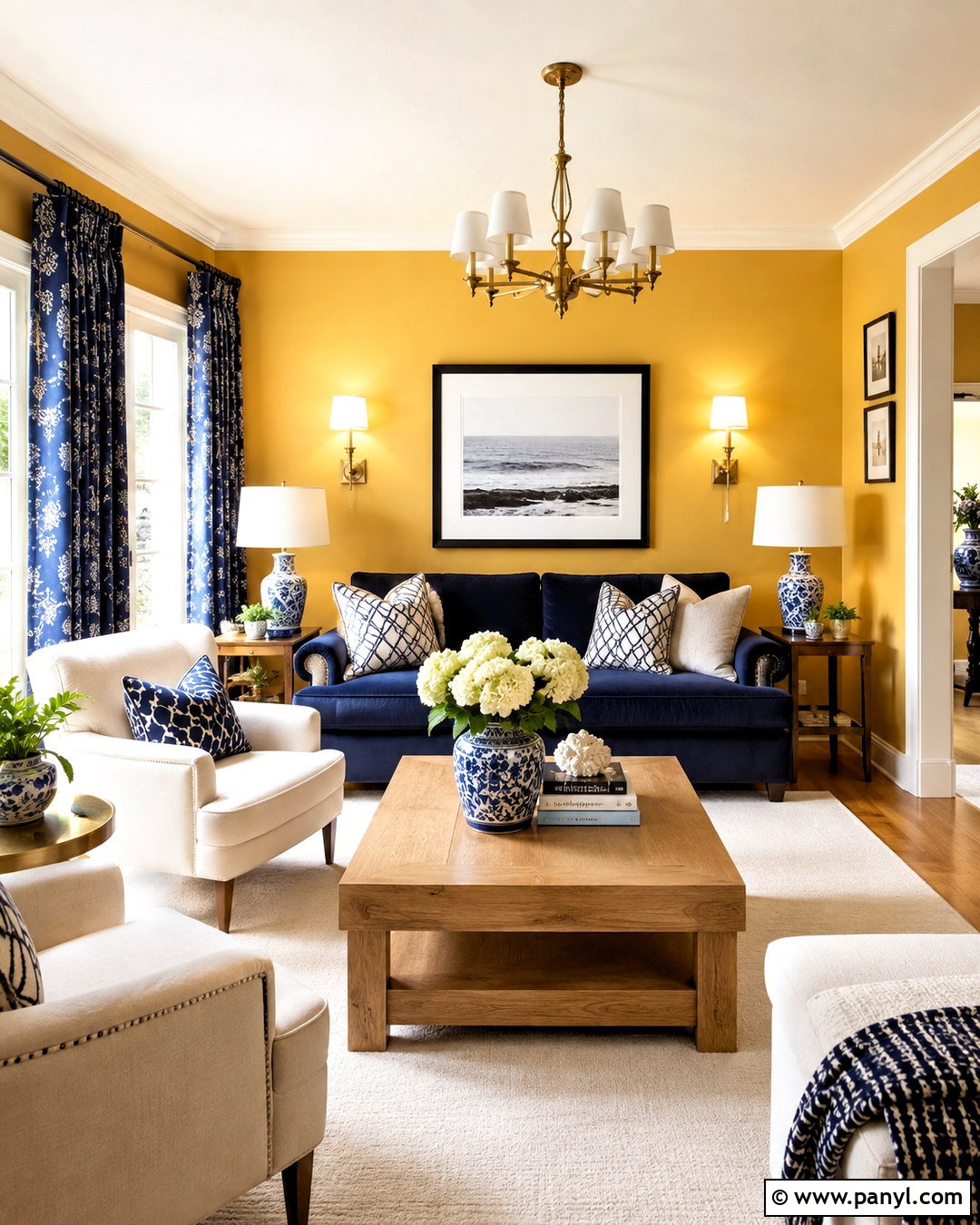 Yellow And Navy Living Room - 35 Yellow Wall Room Ideas