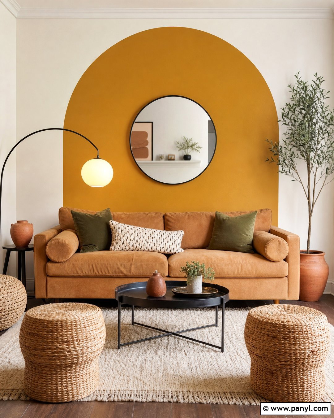 Yellow Arch Accent Wall Behind Sofa - 25 Yellow Accent Wall Living Room Ideas