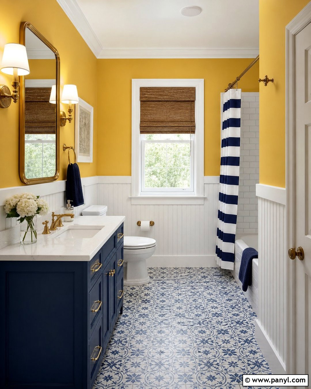 Yellow Bathroom Walls With Blue Vanity - 30 Yellow Bathroom Walls