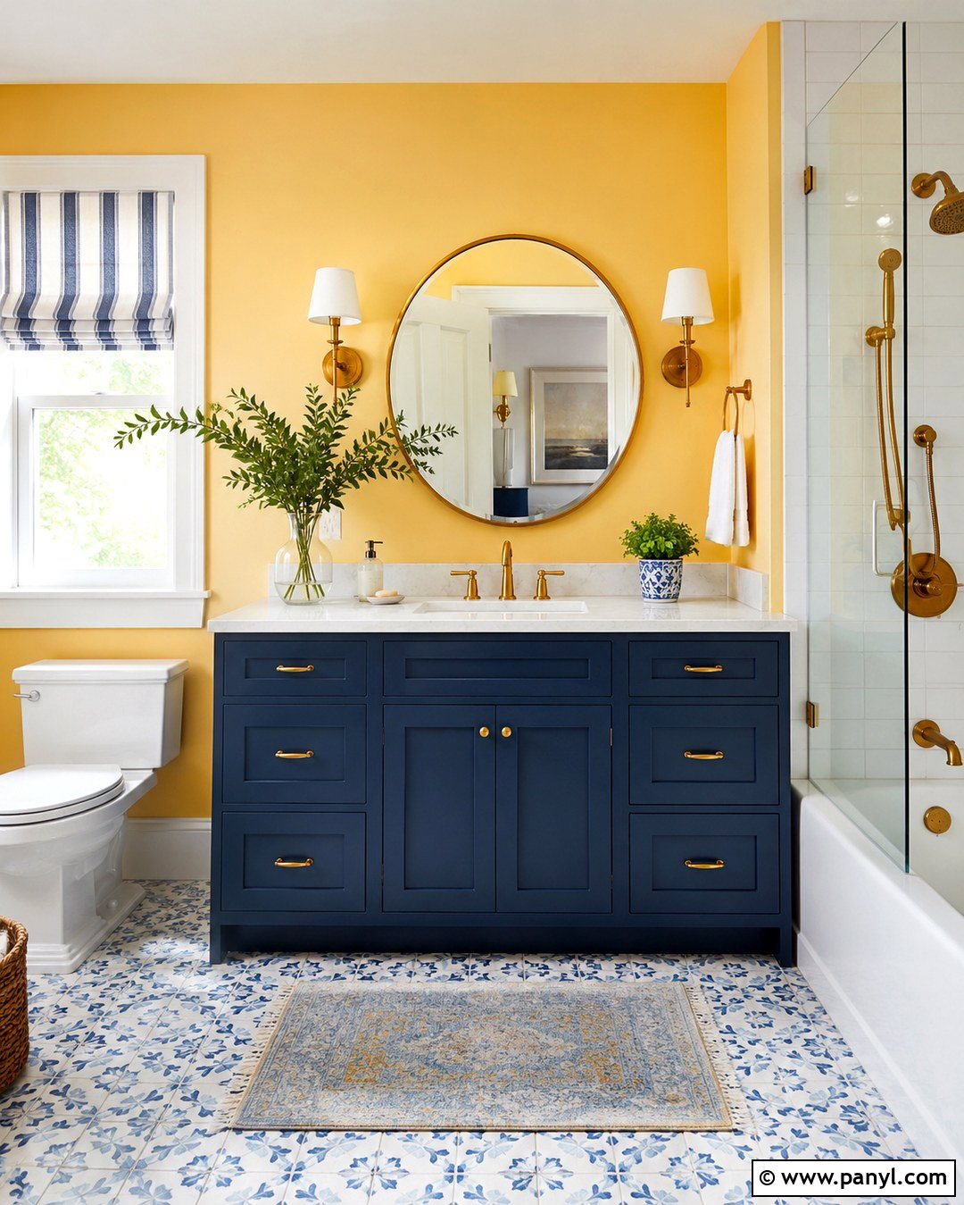 Yellow Bathroom Walls With Blue Vanity - 20 Yellow Walls Bathroom Ideas
