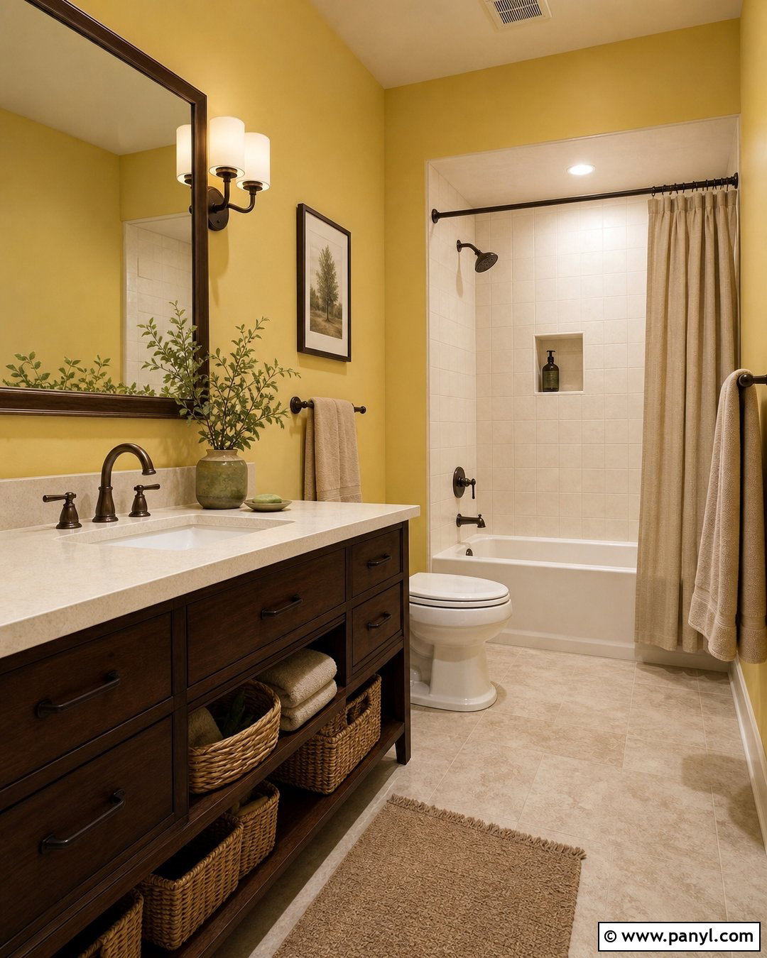 Yellow Bathroom Walls With Dark Wood Vanity - 30 Yellow Bathroom Walls