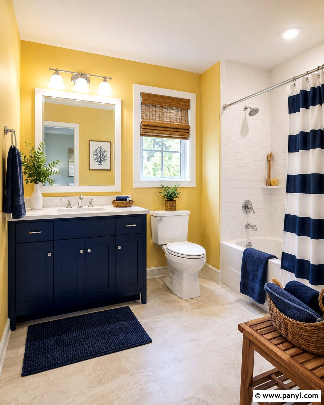 Yellow Bathroom Walls With Navy Accents - 20 Yellow Walls Bathroom Ideas
