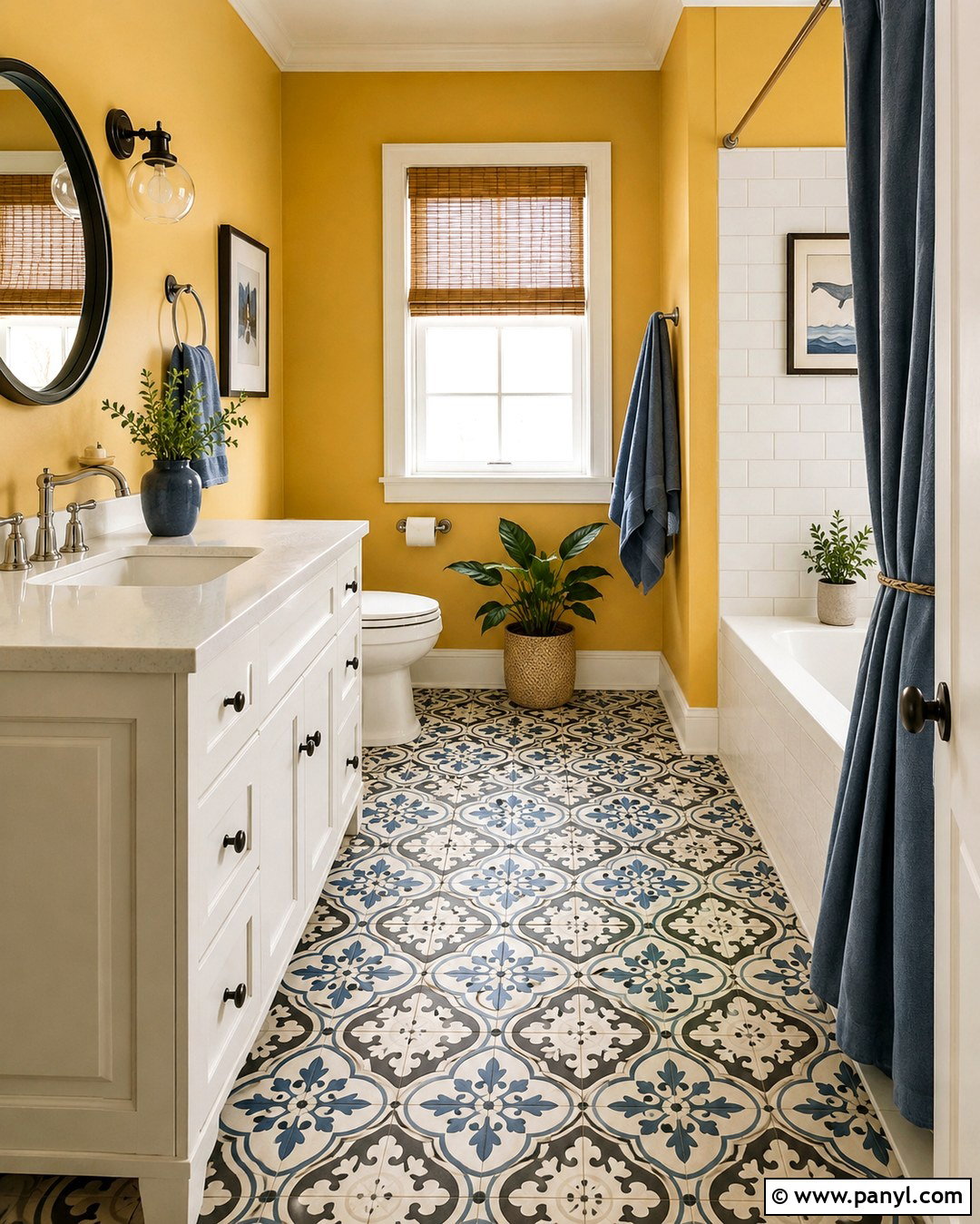 Yellow Bathroom Walls With Patterned Floor Tile - 20 Yellow Walls Bathroom Ideas