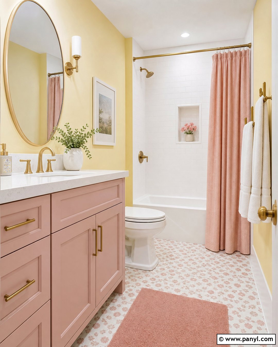 Yellow Bathroom Walls With Pink Accents - 30 Yellow Bathroom Walls