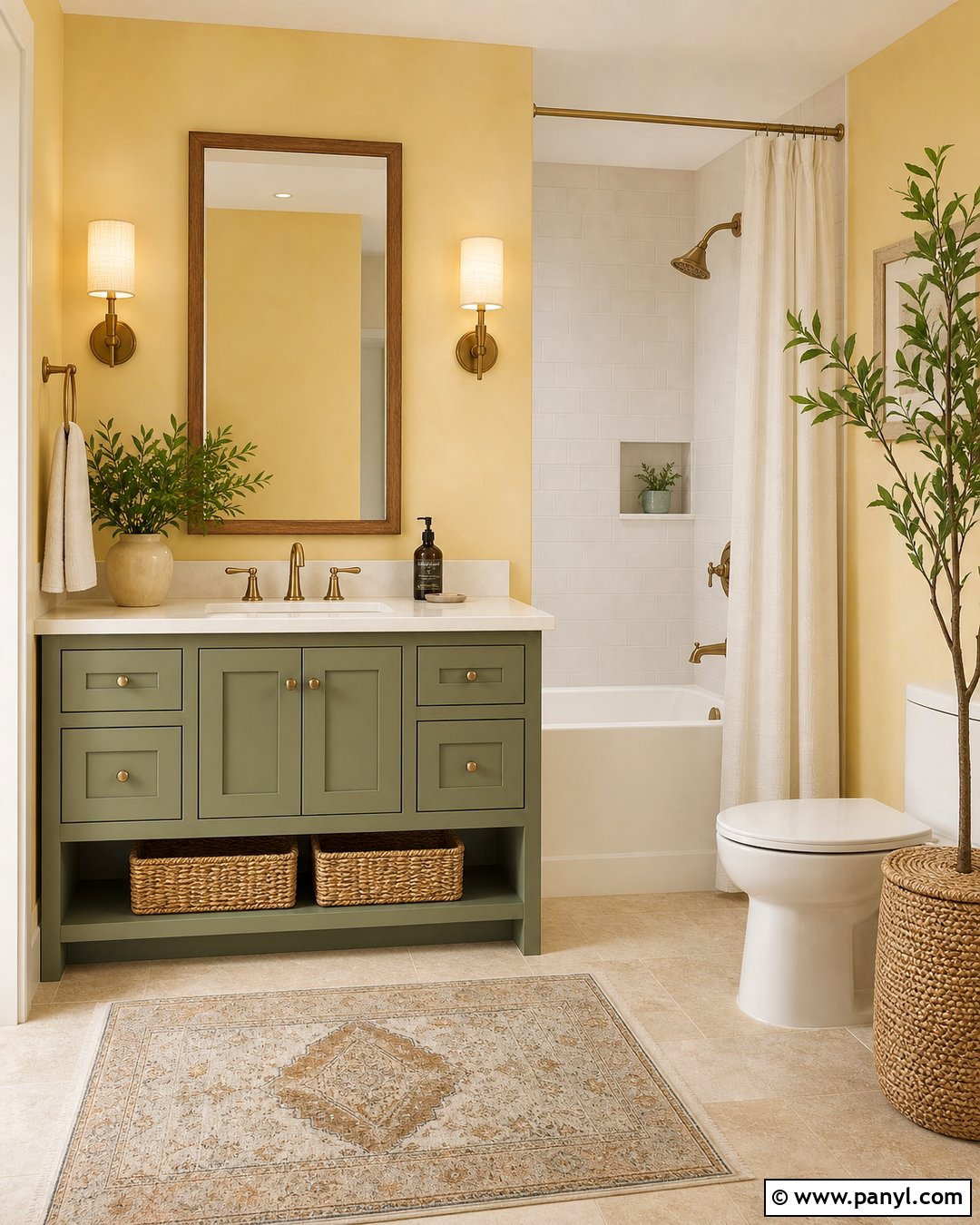 Yellow Bathroom Walls With Sage Green Vanity - 30 Yellow Bathroom Walls