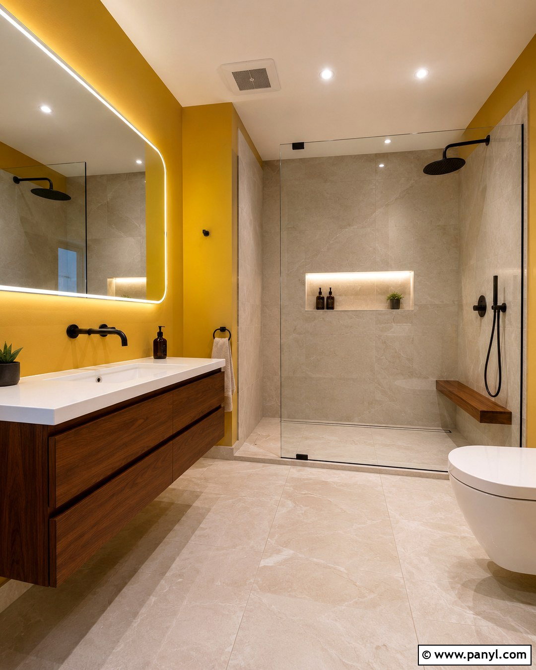 Yellow Bathroom Walls With Walk-In Shower - 20 Yellow Walls Bathroom Ideas